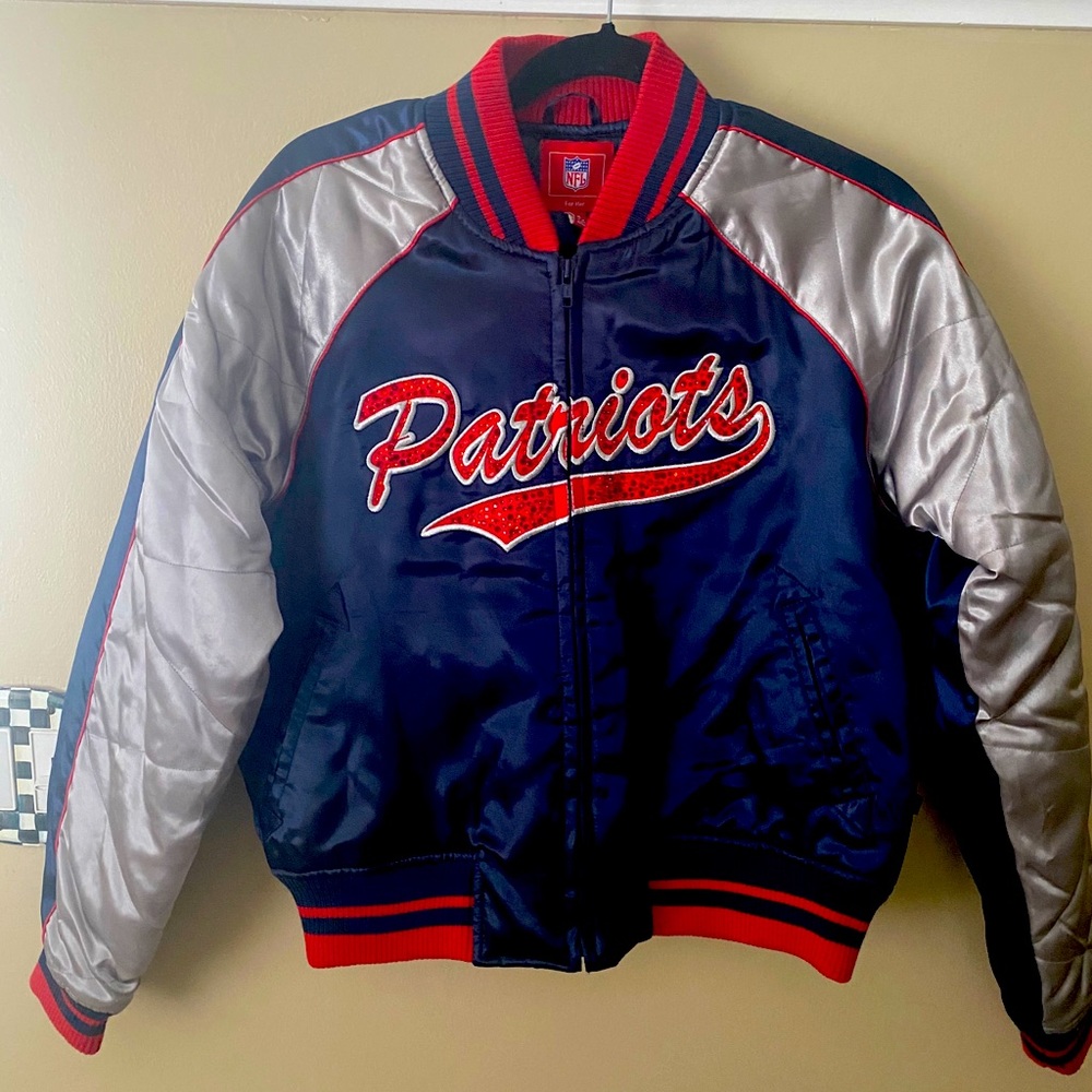 Rare embellished patriots quilted bomber satin L